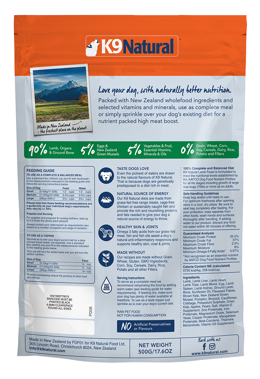 K9 Natural Freeze Dried Lamb Feast (500g)